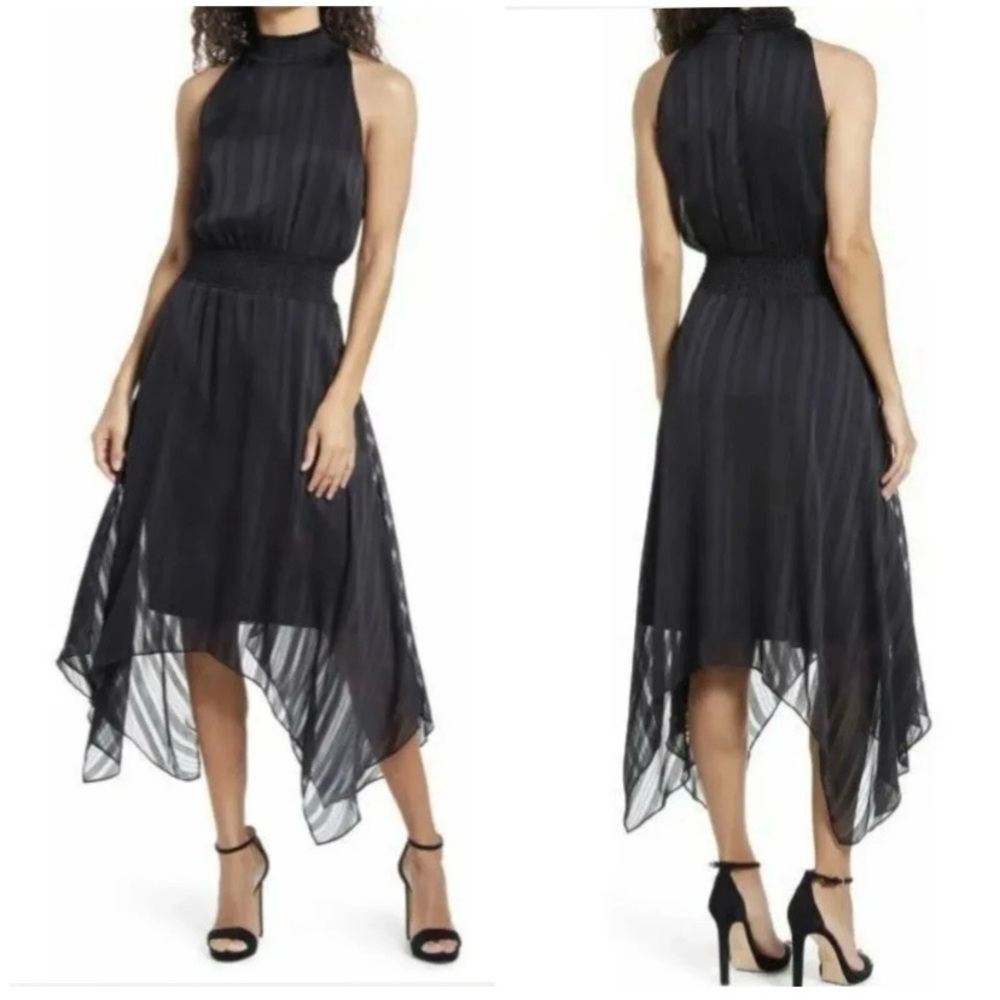 NWT Sam Edelman black tonal stripe shark bite hem halter dress